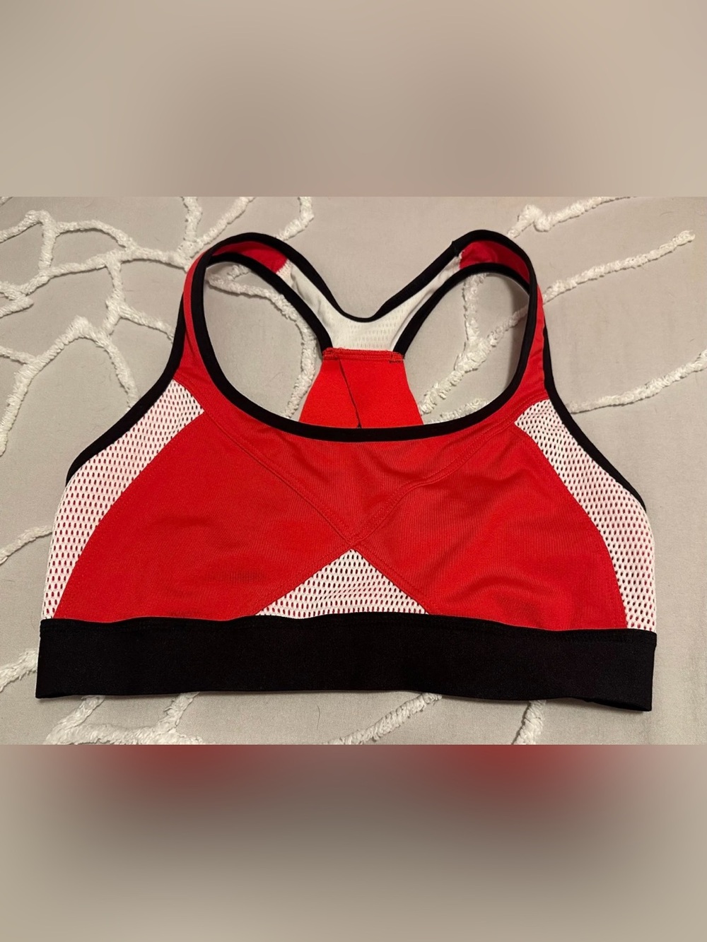 Champion 1977 Red Racerback Sports Bra with White Mesh and Black Trim